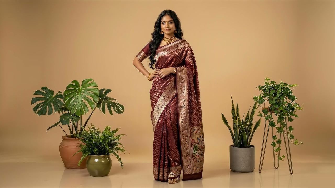 Maruthi Collections — a model in a deep maroon Banarasi silk saree with antique gold zari